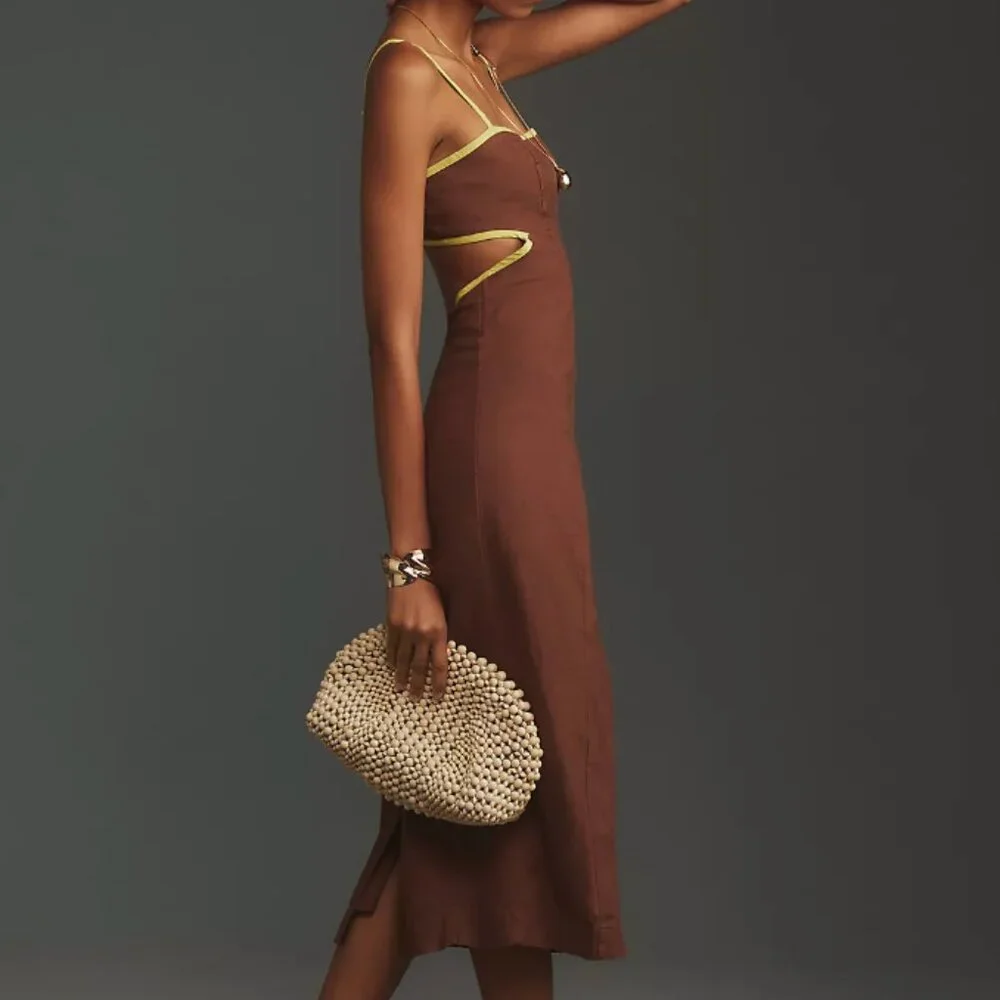 🏷 *NWT* ✨ Maeve by Anthropologie Brown & Chartreuse Midi Dress – Chic & Unique! - Picture 3 of 12